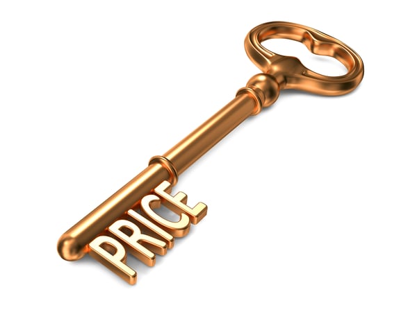 Price Golden Key on White Background 3D Render. Business Concept